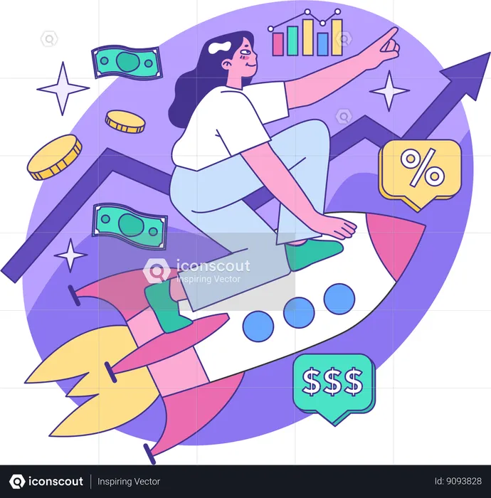 Girl ride on rocket while getting startup growth  Illustration