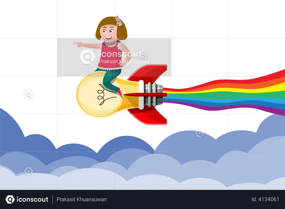 Girl riding a lightbulb rocket  Illustration