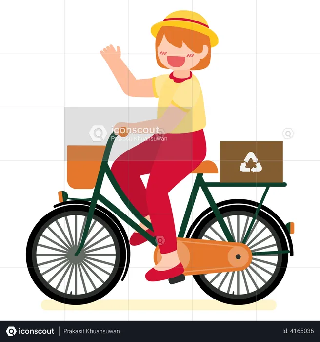 Girl Riding bicycle with recycling box  Illustration