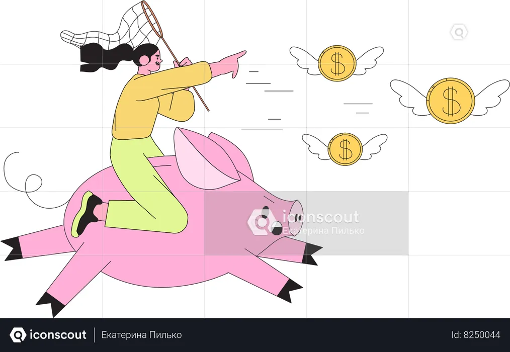 Girl riding big piggy bank catch  Illustration