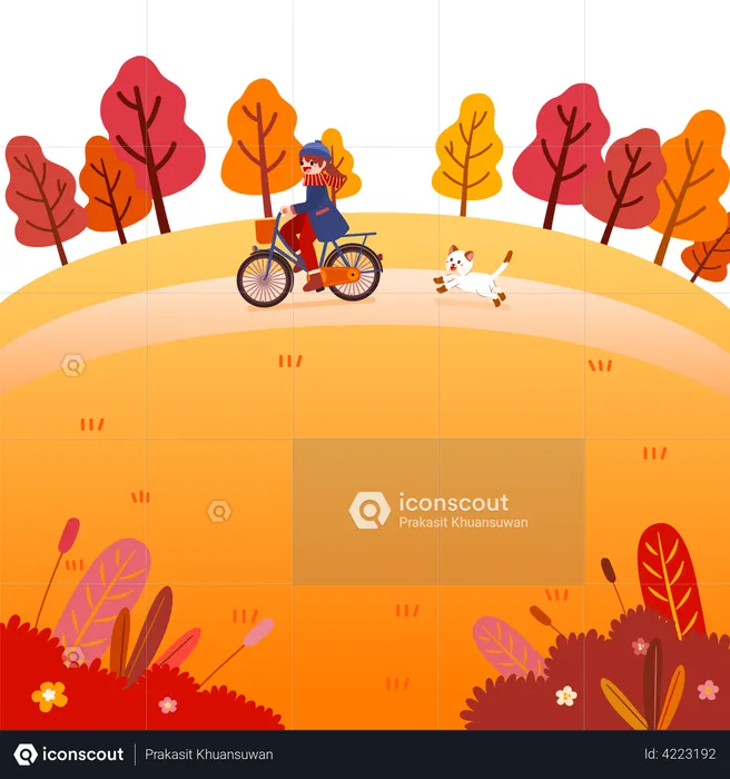 Girl riding cycle in autumn park  Illustration