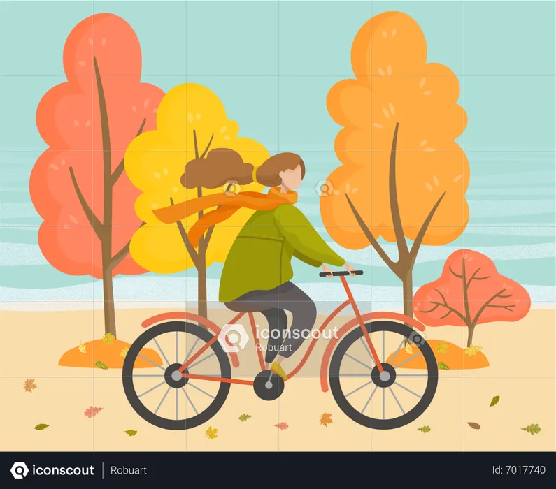 Girl riding cycle in park  Illustration