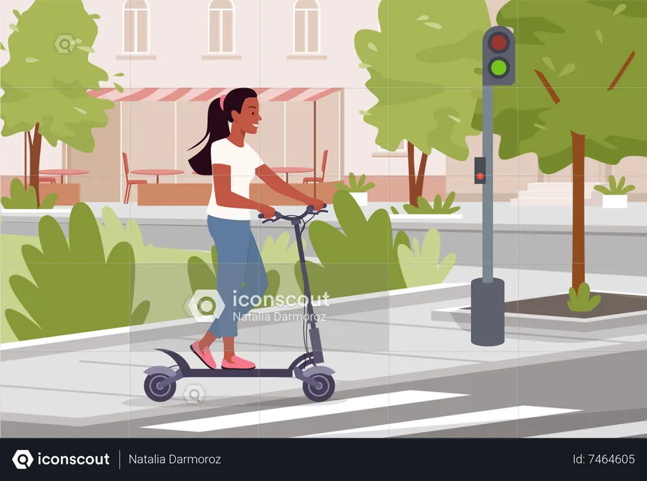 Girl riding electric scooter in city  Illustration