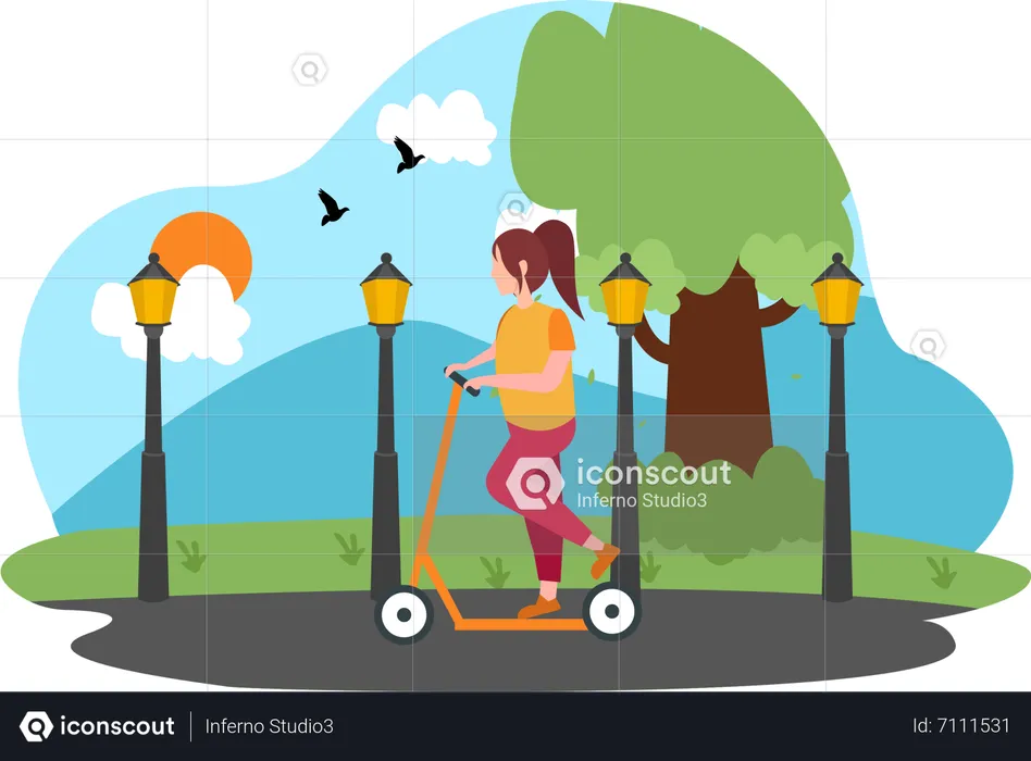 Girl riding kick scooter  Illustration