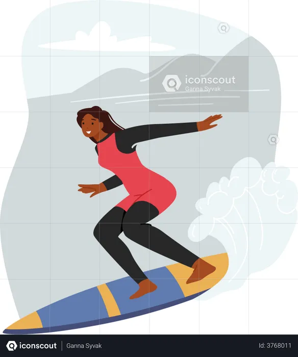 Girl Riding On Surf Board On Waves  Illustration