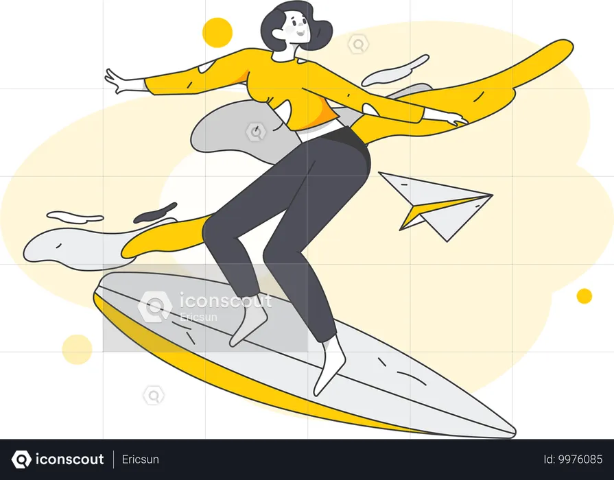 Girl riding on surfing board  Illustration