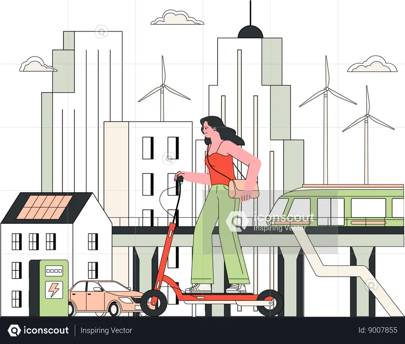 Girl riding scooter in city  Illustration