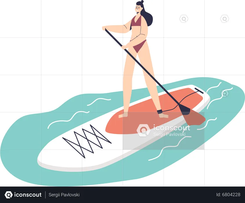 Girl riding sup board with paddle  Illustration