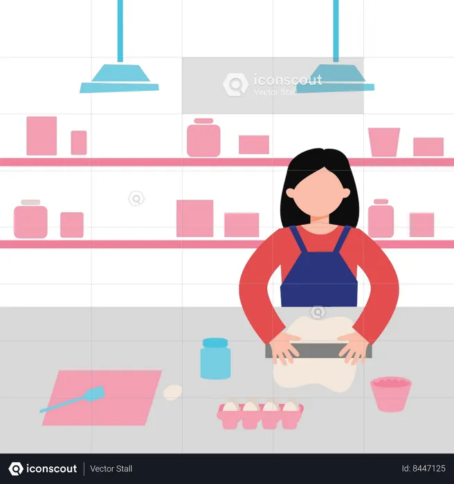 Girl rolling dough in kitchen  Illustration