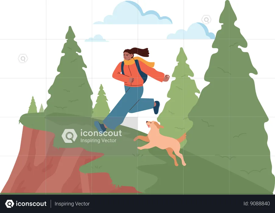 Girl running and reached at montain top point  Illustration