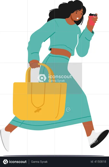 Girl running towards work while having coffee  Illustration