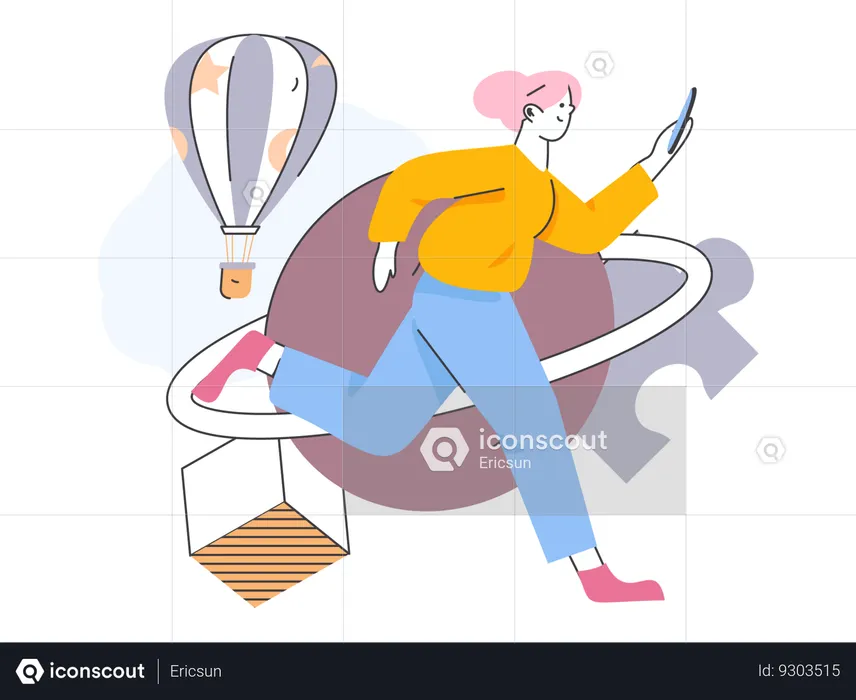 Girl running while using mobile  Illustration