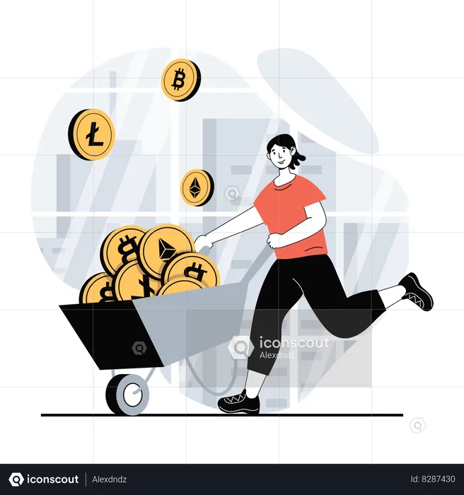 Girl running with crypto cart  Illustration