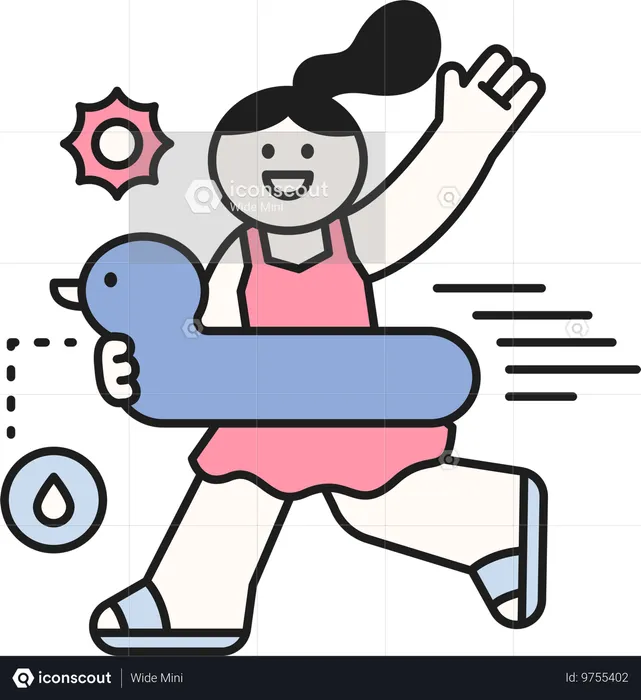 Girl running with swimming ring while waving hand  Illustration