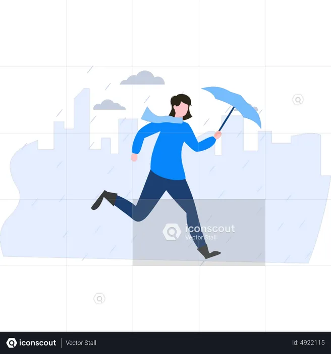 Girl running with umbrella in heavy rain  Illustration