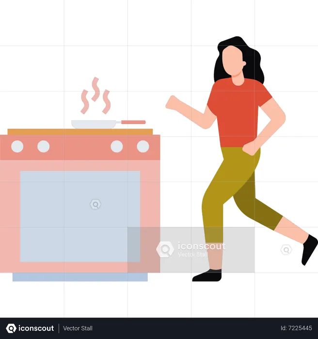 Girl runs to see burning food  Illustration