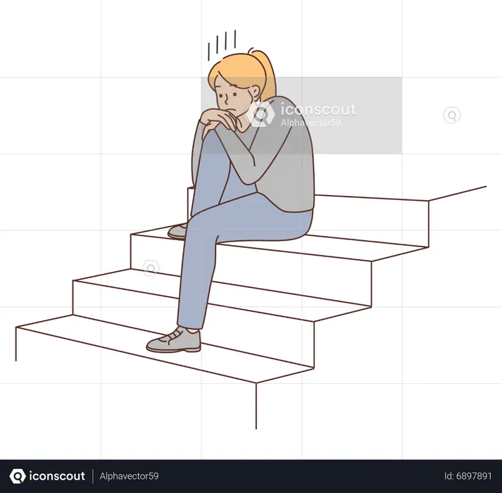 Girl sad and sitting on staircase  Illustration
