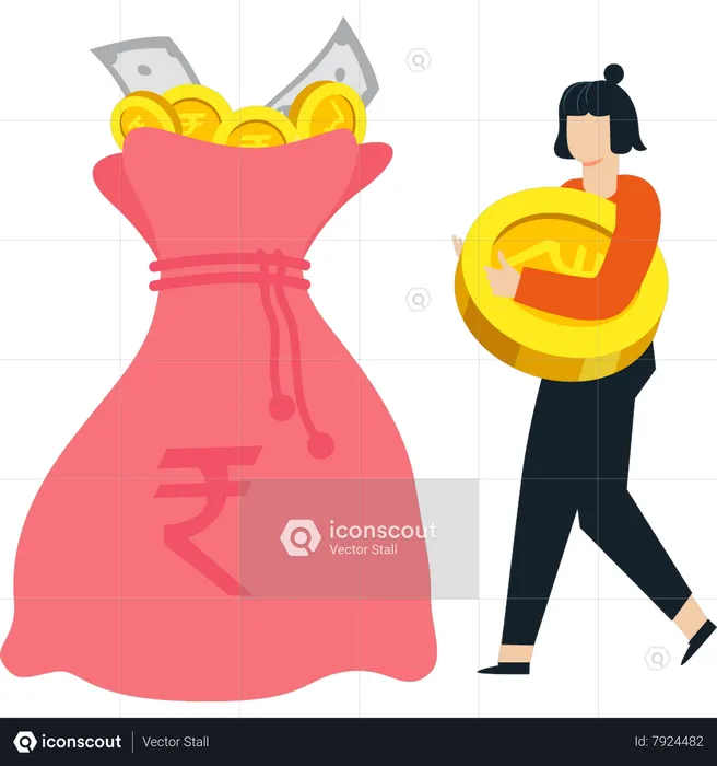 Girl saving money in bag  Illustration