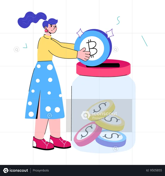 Girl Saving Money in coins jar  Illustration