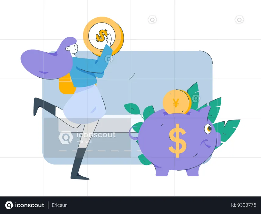 Girl saving money in piggy bank  Illustration