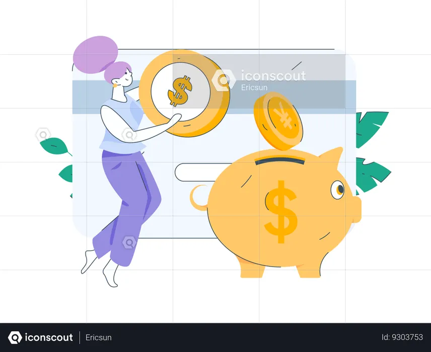 Girl saving money in piggy bank  Illustration