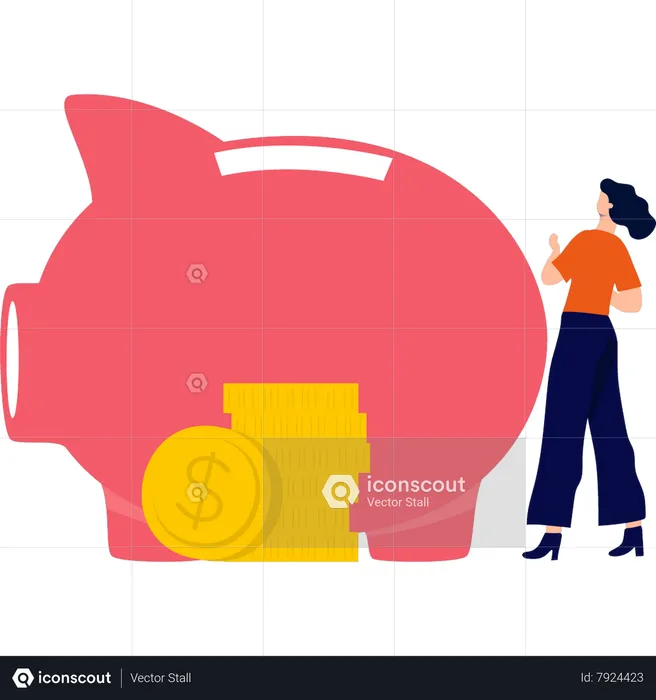 Girl saving money in piggy bank  Illustration