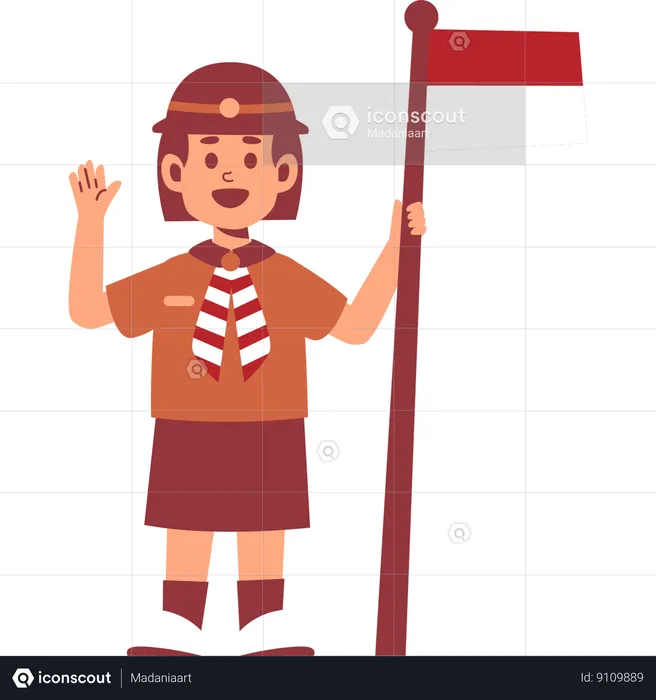 Girl Scout tenant le drapeau tout en agitant la main  Illustration