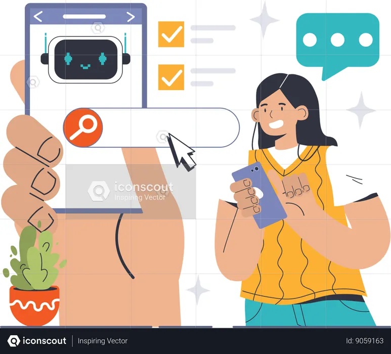 Girl  searching chatbot using mobile  Illustration