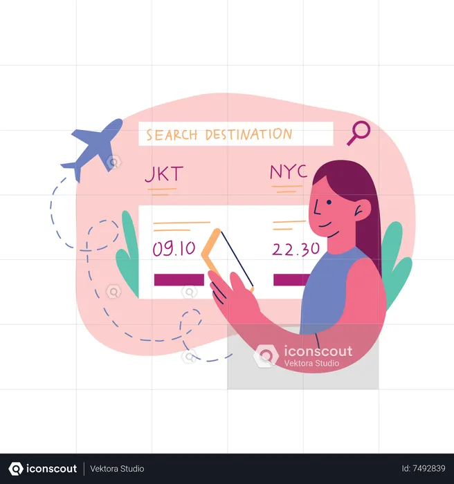 Girl searching for flight online  Illustration