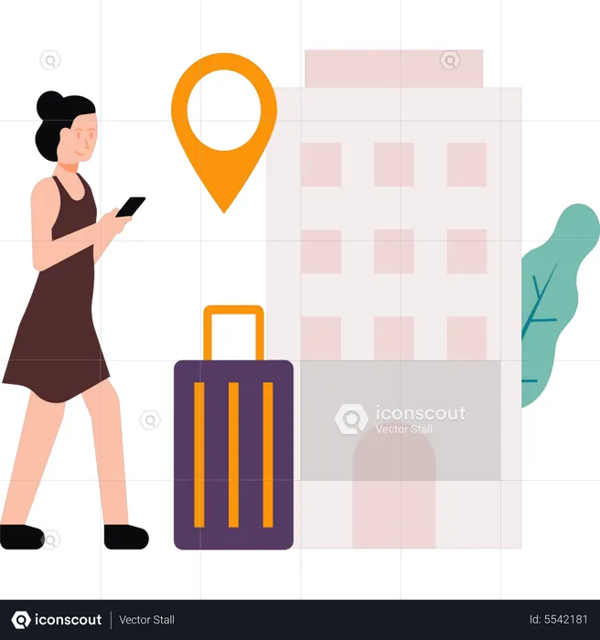 Girl searching the location of the hotel on mobile  Illustration