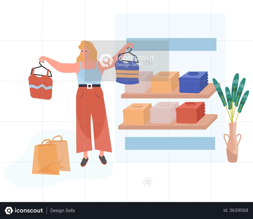 Girl Selecting Clothes In Shopping Mall  Illustration