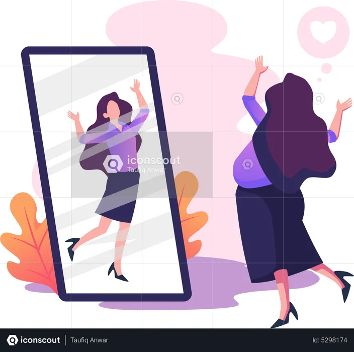 Girl self motivating while looking in mirror  Illustration