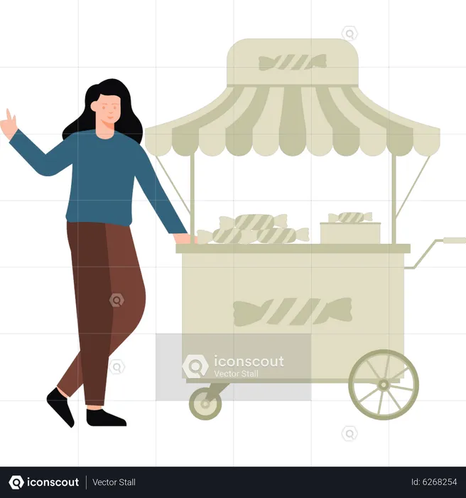 Girl selling candy at shop  Illustration