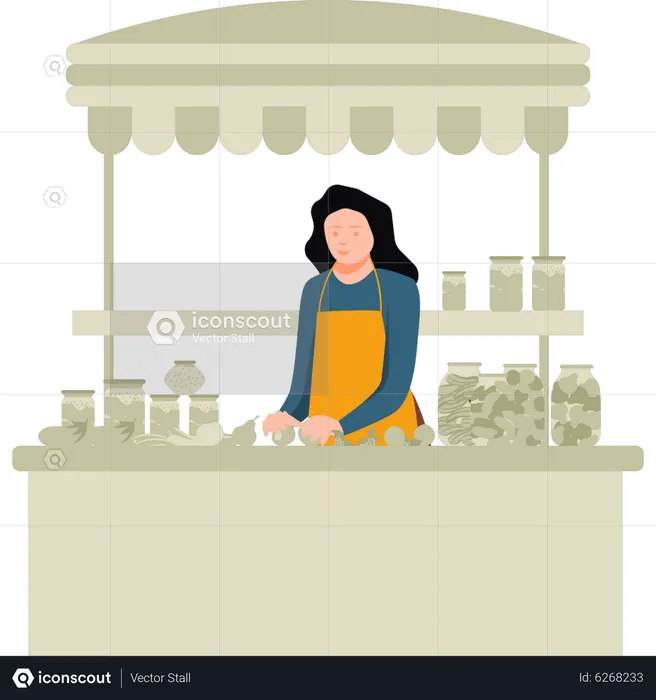 Girl selling candy at shop  Illustration
