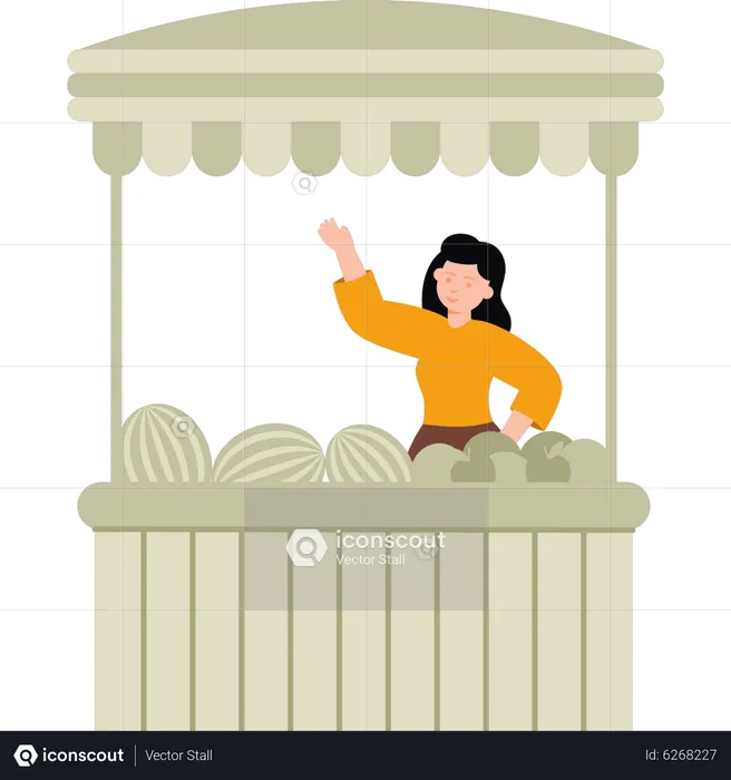 Girl selling fruit at stall  Illustration