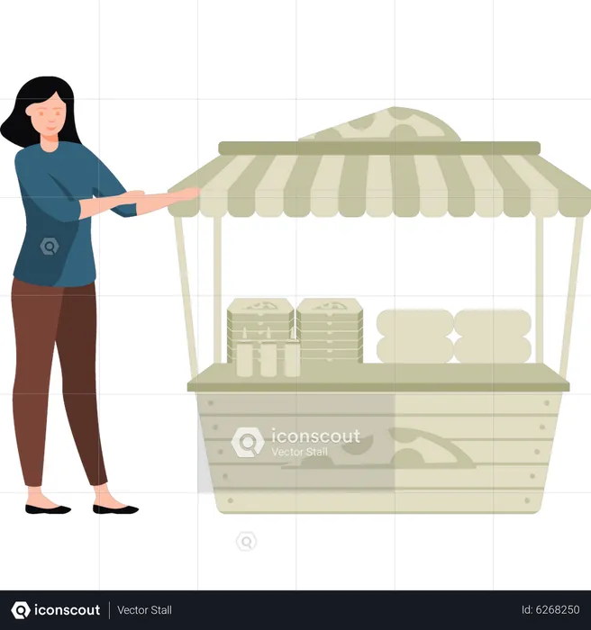 Girl selling pizza at stall  Illustration