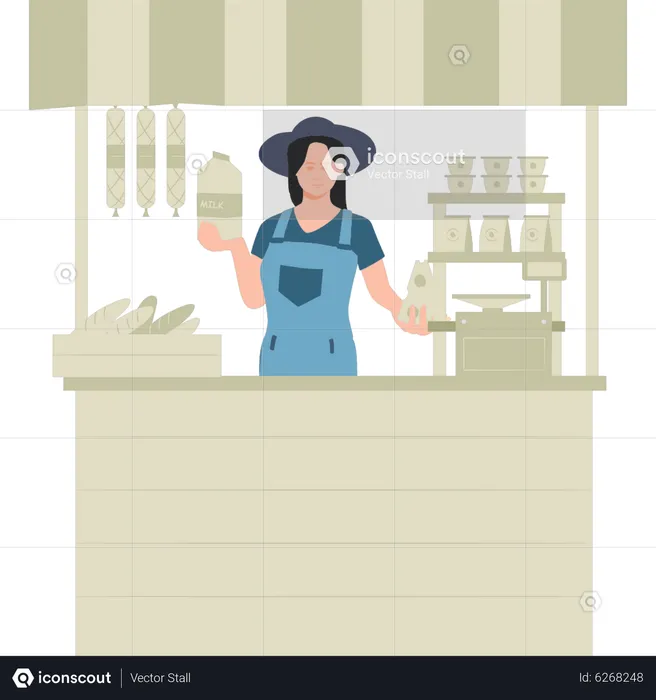 Girl selling product at grocery store  Illustration