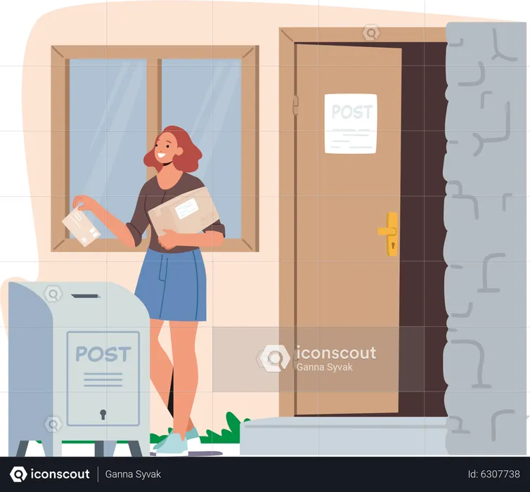 Girl Send Letter Throwing Card Into Mail Box  Illustration