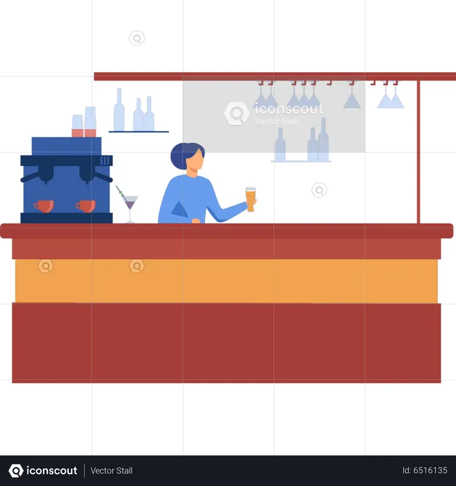 Girl serving beer at bar counter  Illustration