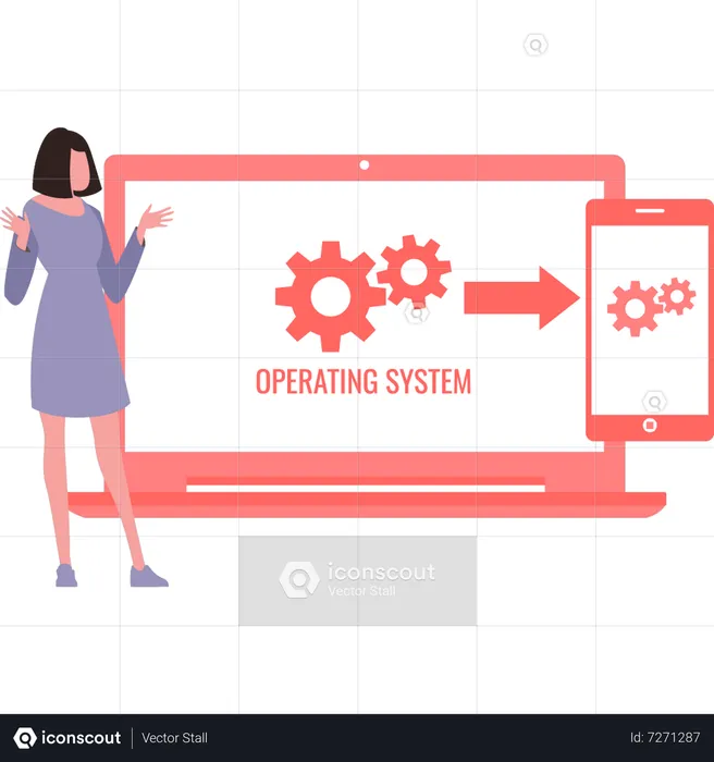 Girl setting up operating system  Illustration