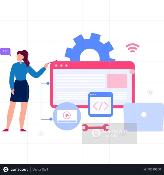 Girl setting webpage programming  Illustration