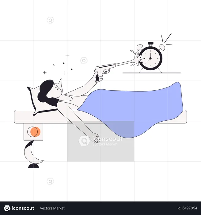 Girl shooting at alarm clock with gun  Illustration