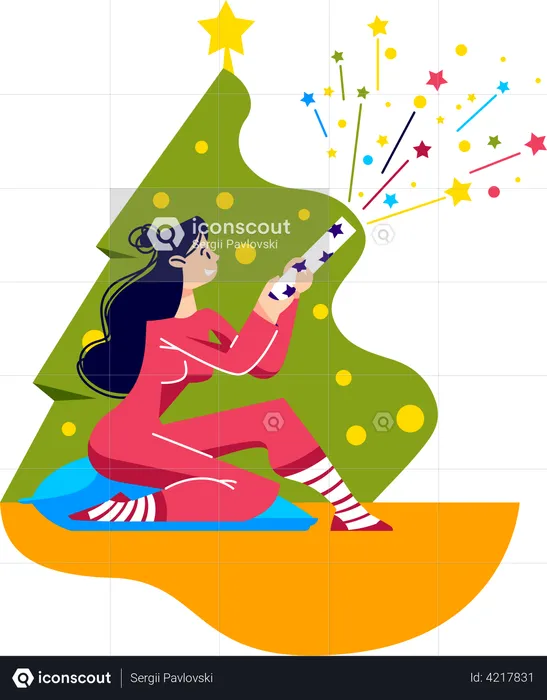Girl shooting slapstick under Christmas tree at home  Illustration