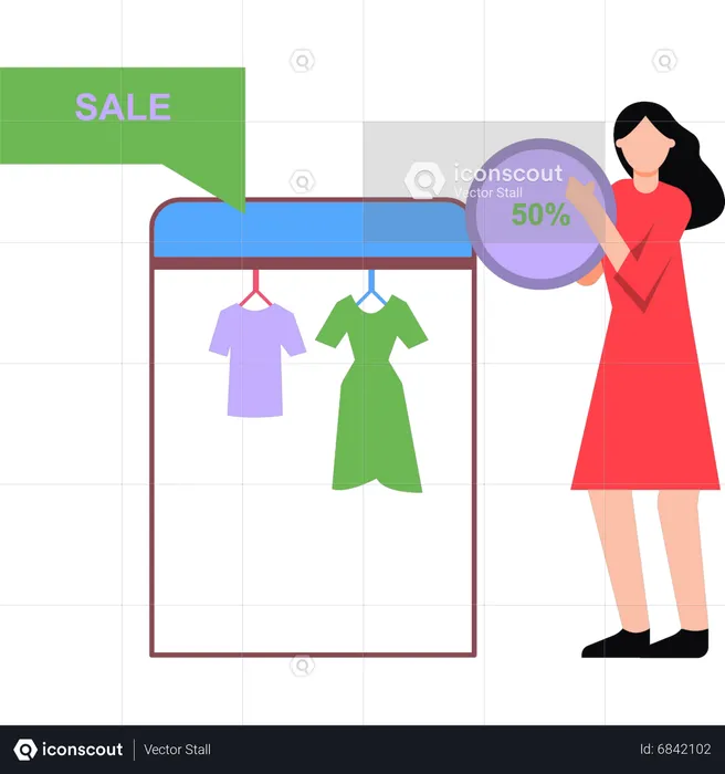 Girl shopping at 50% off sale  Illustration