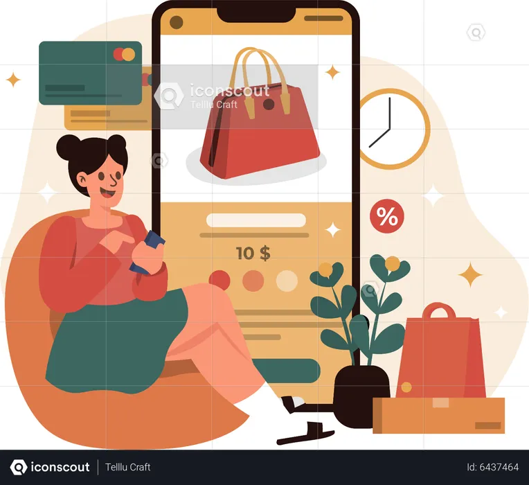 Girl shopping for purse on ecommerce app  Illustration