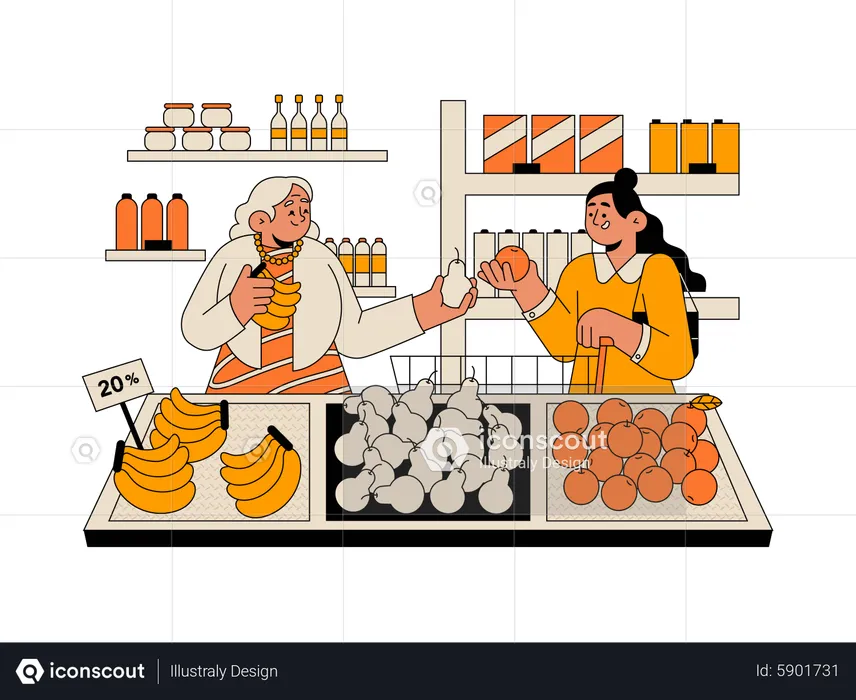 Girl shopping groceries at market  Illustration