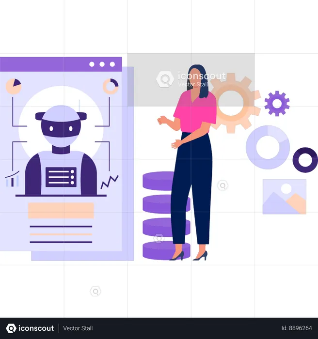 Girl showing AI robot on web page  Illustration