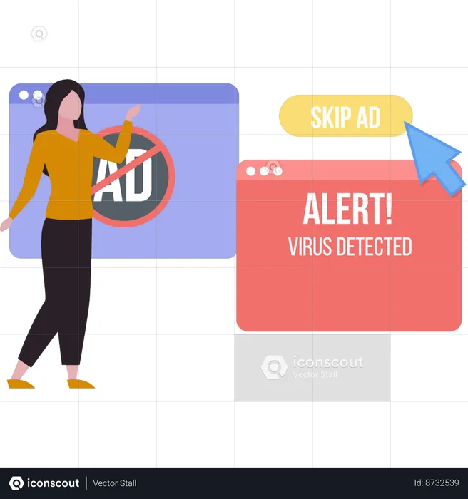 Girl showing alert virus detected message.  Illustration