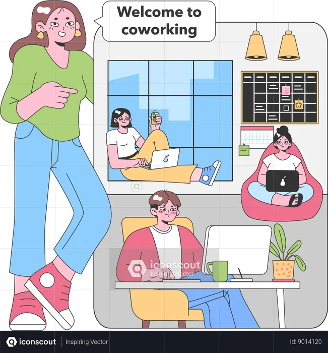 Girl showing co-working space  Illustration