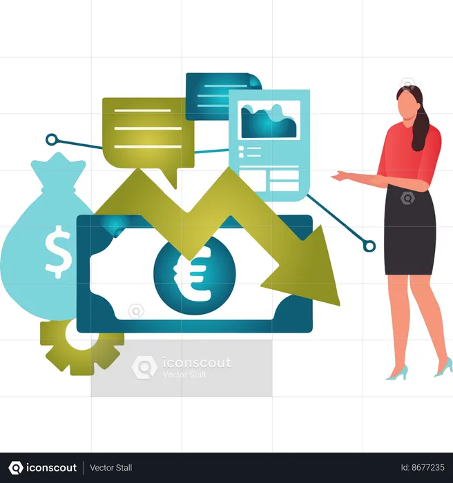 Girl showing decrease graph of money  Illustration